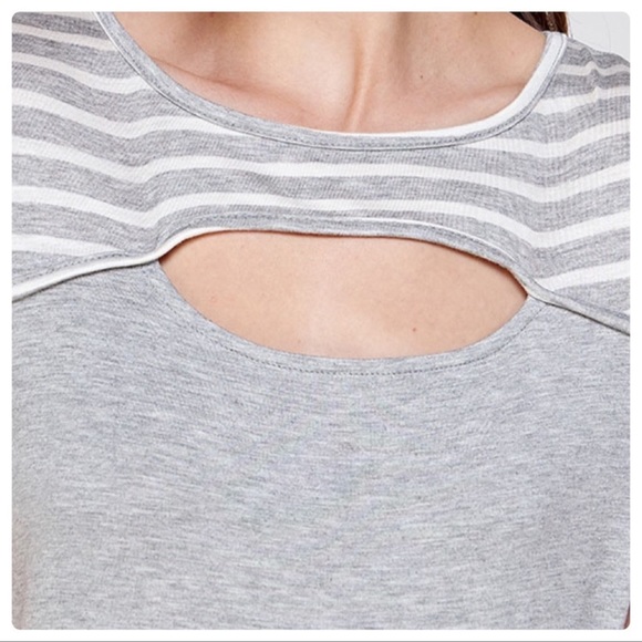 (4)New Heather Gray Short Sleeve Top,Keyhole Front With Striped Contrast Sleeves - Picture 3 of 7